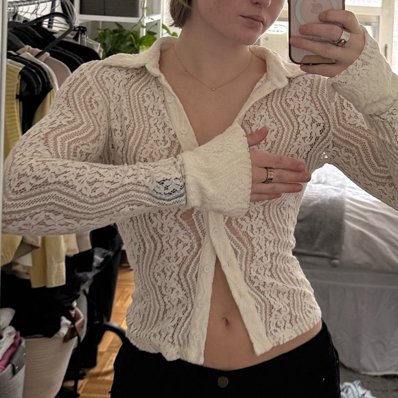 Princess Polly Cream Lace Button-Down Shirt - Picture 2 of 5